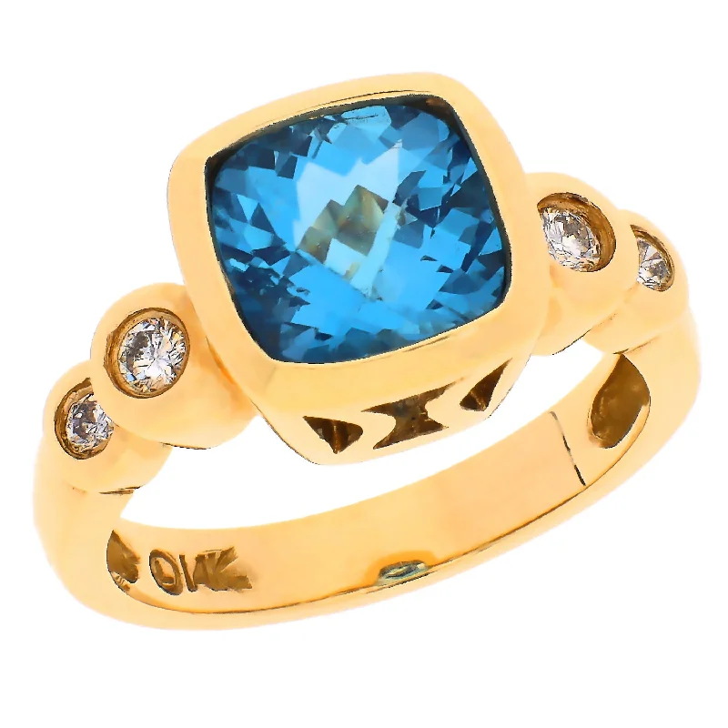 women stacked bracelets -14K Yellow Gold Blue Topaz & Diamond Bezel Set Ring