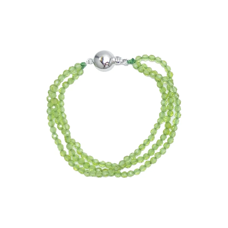 Sterling Silver with Natural Peridot Three Row Bead Bracelet-8.0"