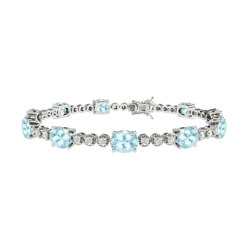 Sterling Silver with Aquamarine and White Topaz Tennis Bracelet-7.25"