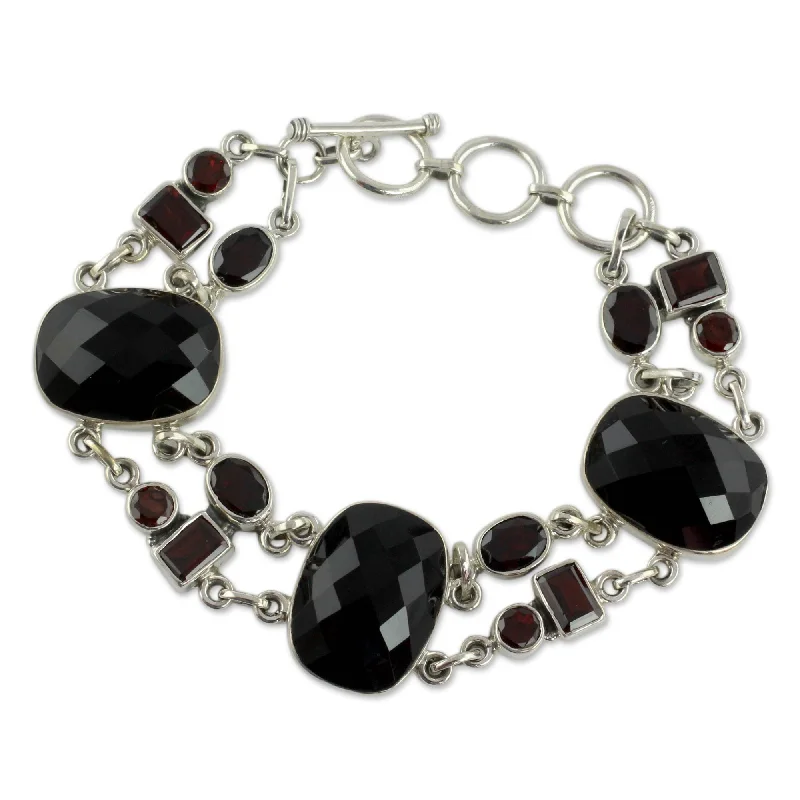 Sterling Silver Onyx/ Garnet Exotic Drama Bracelet - Black