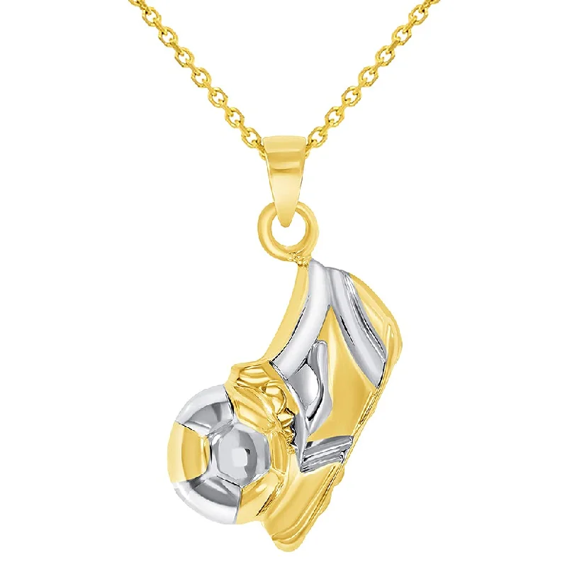 women bridal necklaces -High Polish 14k Yellow Gold 3D Soccer Shoe Kicking Ball Charm Two-Tone Football Sports Pendant with Cable, Curb or Figaro Chain Necklace