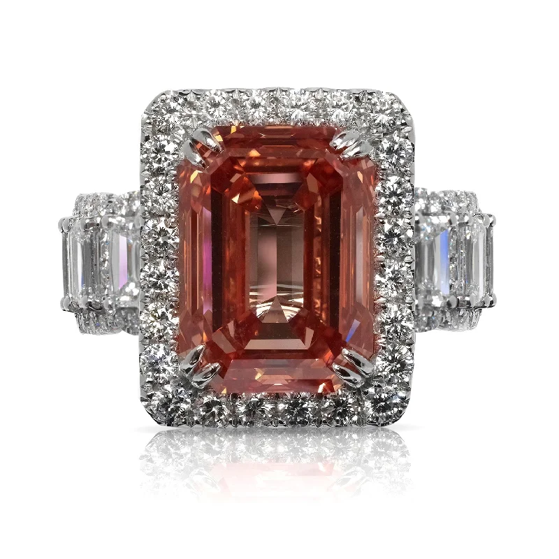 women princess-cut engagement rings -EVE 15 CARAT EMERALD CUT FANCY VIVID ORANGY PINK DIAMOND ENGAGEMENT RING 18K WHITE GOLD GIA CERTIFIED 11 CT VVS1 FVOP BY MIKE NEKTA