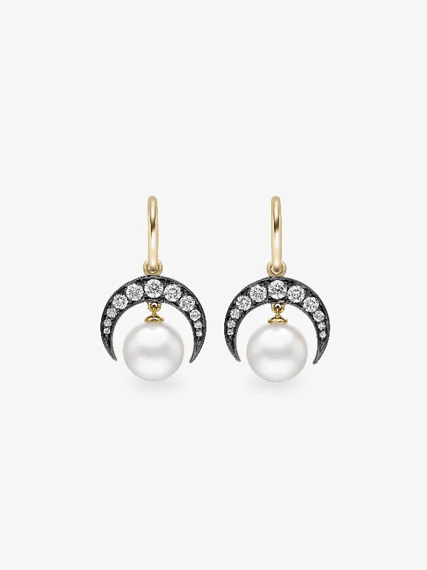 women silver hoop earrings -Crescent Moon Diamond & Pearl Gypset Hoop Earrings