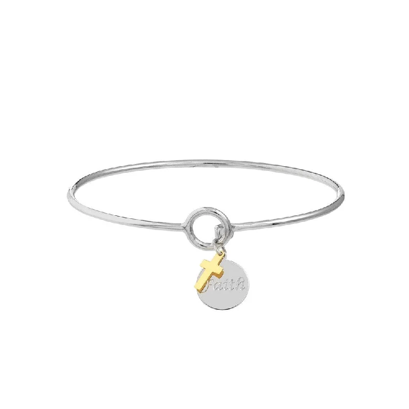 Curata 925 Sterling Silver 14k Gold Cross FAITH Disk Hook Stackable Bangle Bracelet