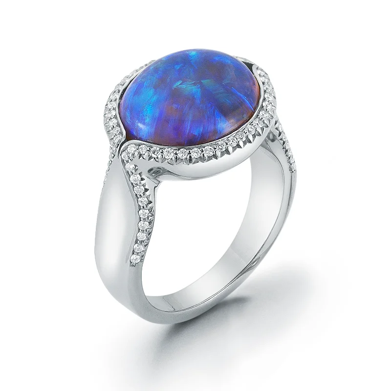 women platinum engagement rings -Natural Jelly Opal and Diamond Ring