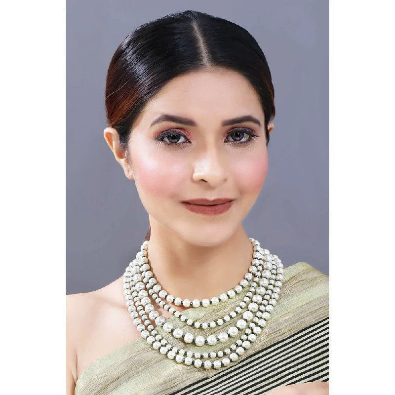 women chic choker necklaces -Etnico 18k Gold Plated 5 Layered Pearl Beads Rani Necklace Jewellery Set for Women (ML290G)