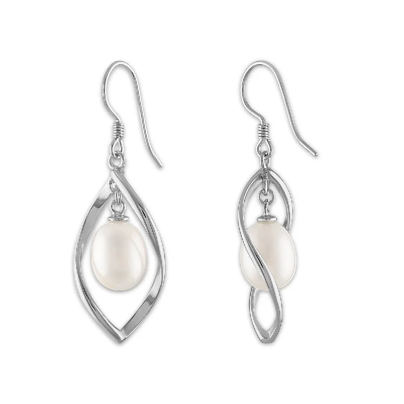 women wedding earrings -Round Pearl Fashion Drop & Dangle 7.5-8MM Fresh Water Earrings in Rhodium Plated Sterling Silver