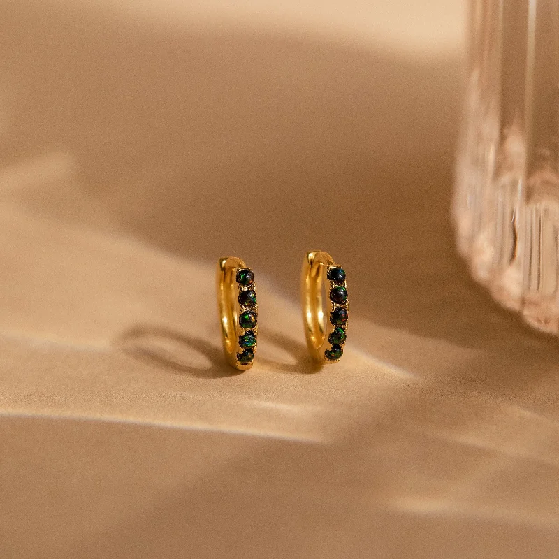 women wedding earrings -Black Sand Opal Huggies