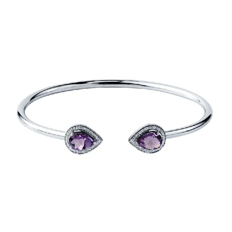 Stackable 1 3/4ct Pear Shaped Purple Amethyst Open Bangle Bracelet with Diamond Accents by Auriya in Gold over Silver