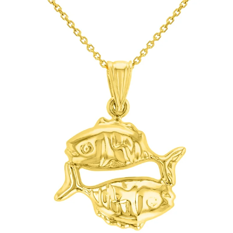 women minimalist necklaces -High Polish 14k Yellow Gold 3D Pisces Zodiac Sign Charm Fish Animal Pendant With Cable, Curb or Figaro Chain Necklace