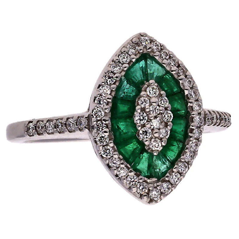 women bangle bracelets set -14K White Gold Emerald and Diamond Marquise Shaped Ring