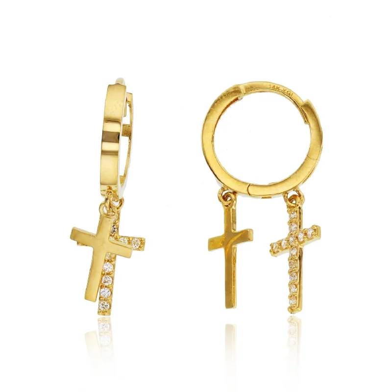 women rhinestone earrings -14KT Yellow Gold Cubic Zirconia Drop & Dangle Cross Huggie Earrings