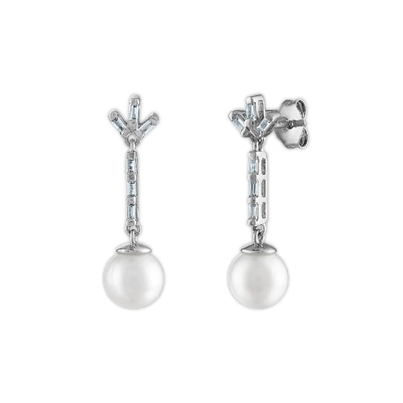 women fashion statement earrings -7MM Round Pearl and White Sapphire Fashion Drop & Dangle Earrings in Rhodium Plated Sterling Silver