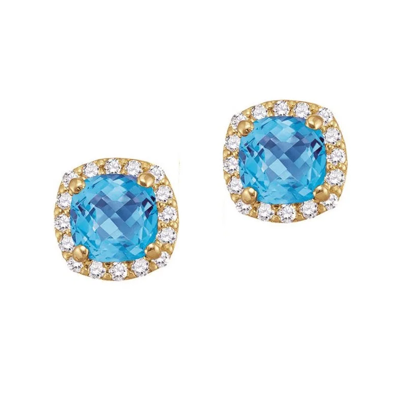 women anniversary earrings -5MM Cushion Blue Topaz and White Sapphire Birthstone Halo Stud Earrings in 10KT Yellow Gold