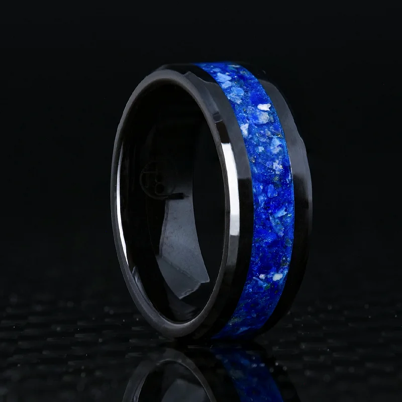 women gold bracelets -Lapis Lazuli Glowstone Ring on Black Ceramic