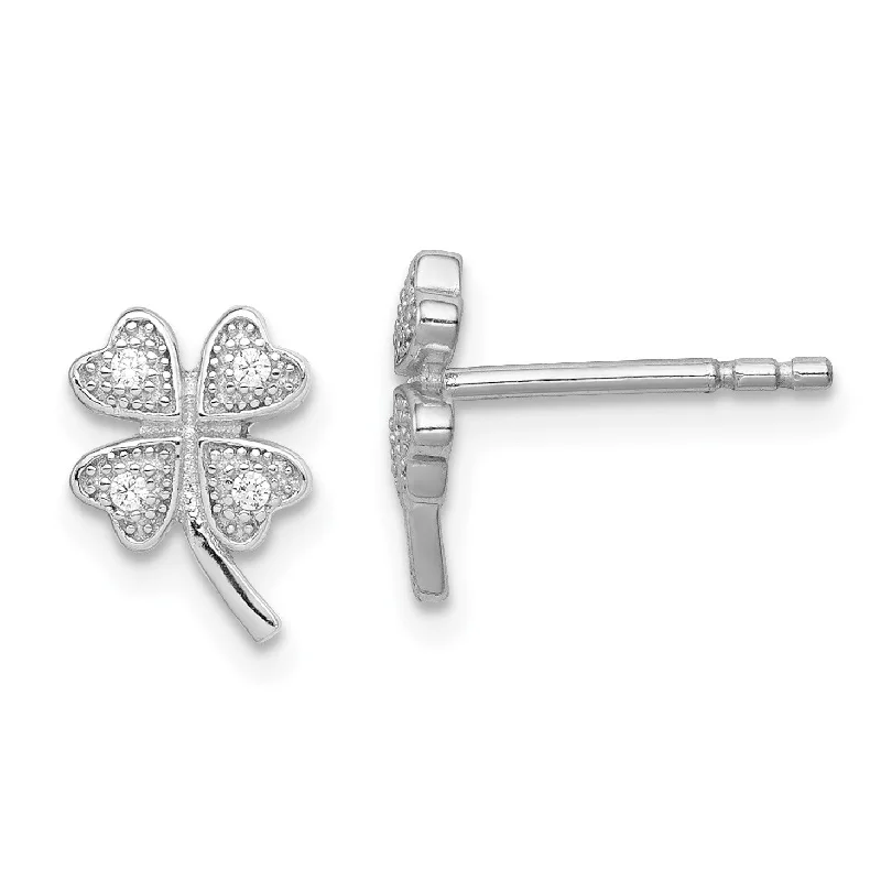 women everyday earrings -Sterling Silver Cubic Zirconia 10X7MM Stud 4-Leaf Clover Earrings