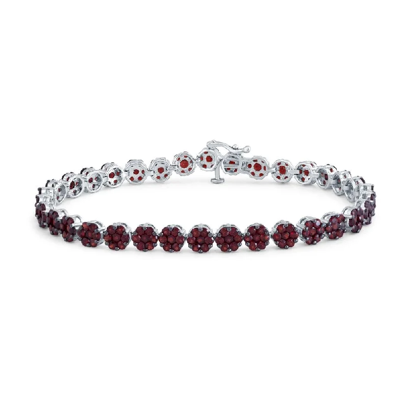 Sterling Silver with Natural Garnet Flower Line Bracelet-6.5"