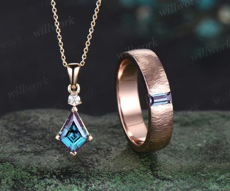 women bangle bracelets set -Enchanting Alexandrite Kite Pendant & Men's Baguette Ring 14K rose gold jewelry set Valentine's Day Exclusive Gift for her