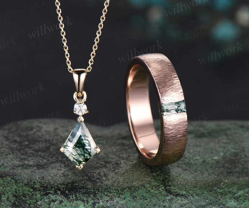 women bangles -Enchanting Moss Agate Kite Pendant & Masculine Baguette Ring 14K rose gold  jewelry set Valentine's Day Exclusive Gift for Lovers