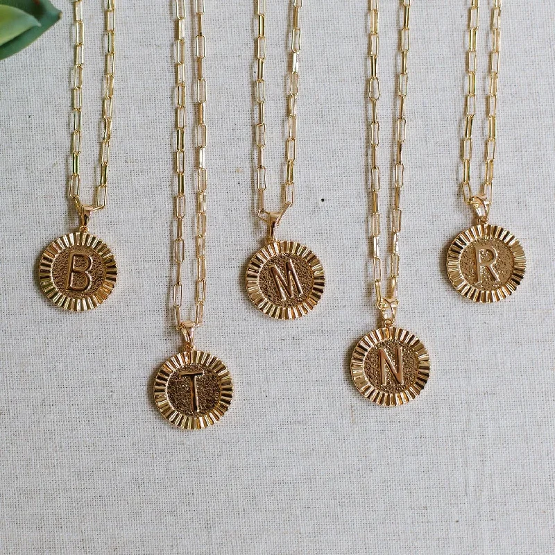 women wedding day necklaces -Gold Medallion Initial Paperclip Chain Necklace