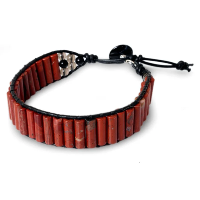 Handmade Leather 'Scarlet Earth' Multi-gemstone Bracelet (Thailand)