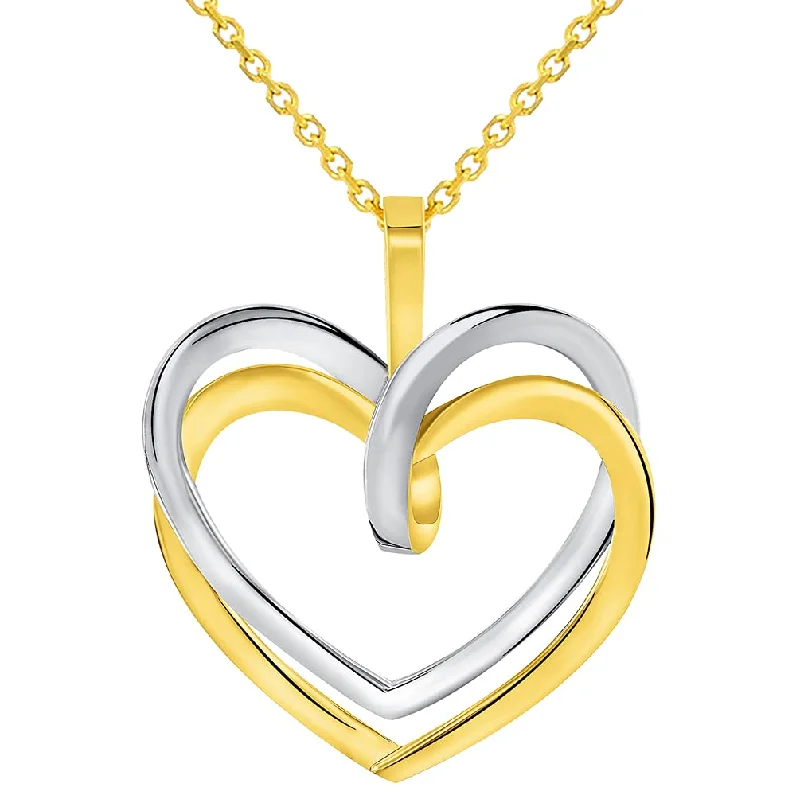 women diamond necklaces -14k Two-Tone Gold Elegant Double Open Heart Pendant with Cable, Curb or Figaro Chain Necklace