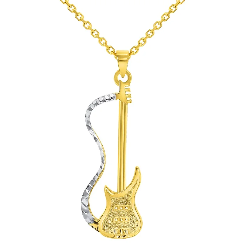 women gemstone necklaces -Solid 14k Yellow Gold Electric Guitar Two-Tone Musical Instrument Pendant with Cable, Curb or Figaro Chain Necklace