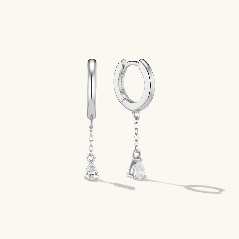 women long drop earrings -Midi Crystal Drop Hoop Earrings Silver