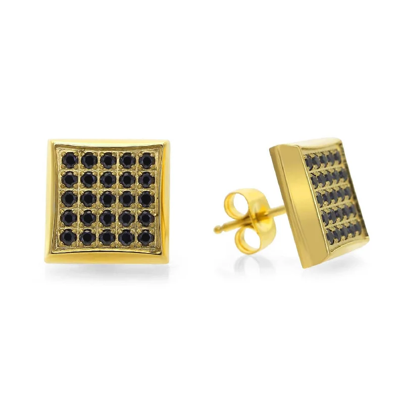 women pearl earrings -Yellow IP Stainless Steel Square Stud Earrings with 1/4 CTW Pave Black Diamonds