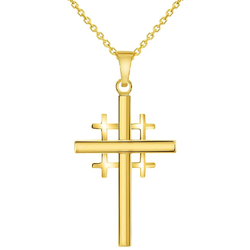 women friendship necklaces -14k Yellow Gold Religious Crusaders Jerusalem Latin Plain Cross Pendant With Cable, Curb or Figaro Chain Necklace