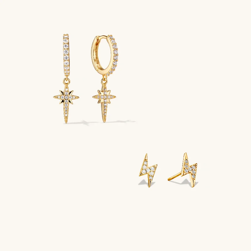 women heart-shaped earrings -The North Star Earring & Lightning Bolt Stacking Set in Gold