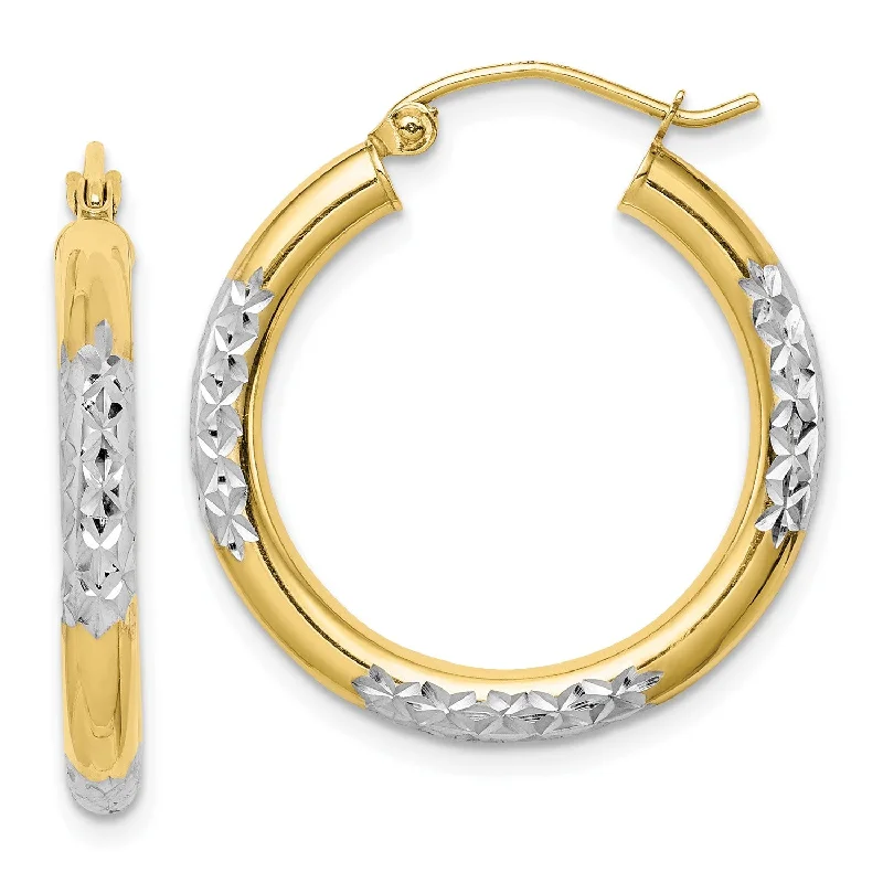 women gold hoop earrings -10KT Yellow Gold With Rhodium Plating 25X3MM Diamond-cut Hoop Earrings