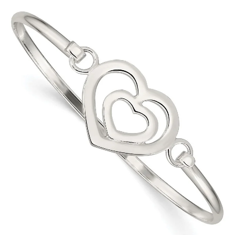 Curata 925 Sterling Silver 7" Double Heart Hook Bangle Bracelet