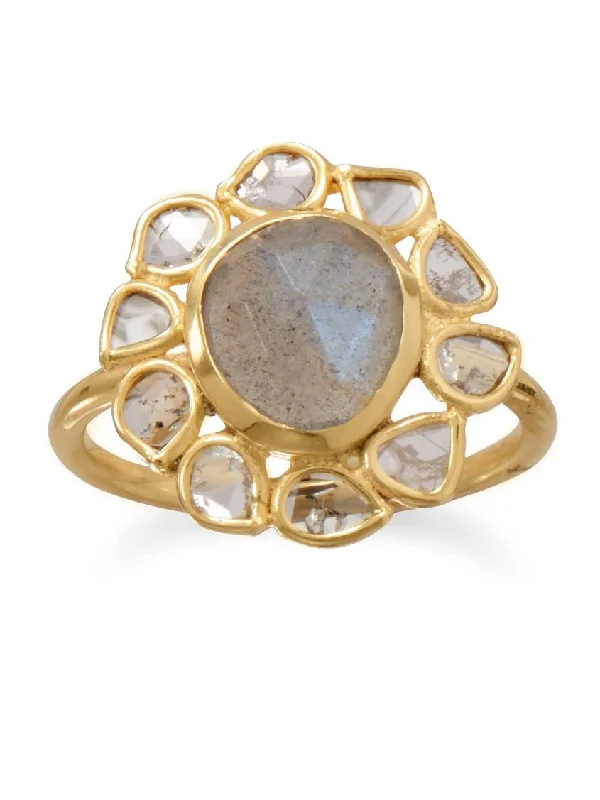 women vintage diamond engagement rings -Labradorite and Polki Diamond Ring Gold-plated Sterling Silver