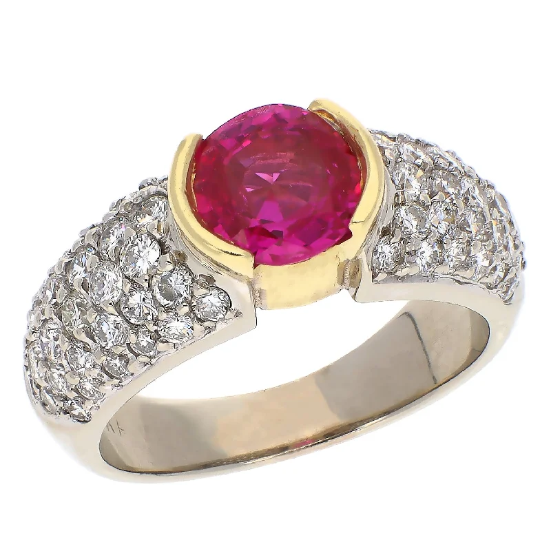 women silver bangles -18K White and Yellow Gold Round Ruby and Pavé Diamonds Wide Band Ring