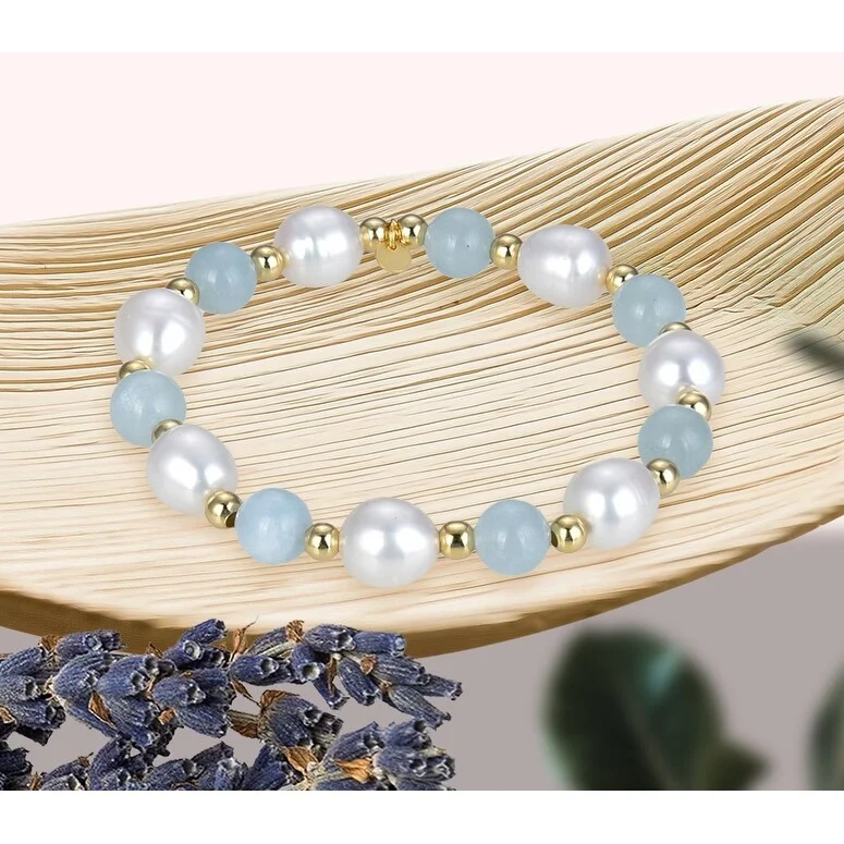 Gold Over Sterling Silver Aquamarine, Pearl & Beads Stretch Bracelet