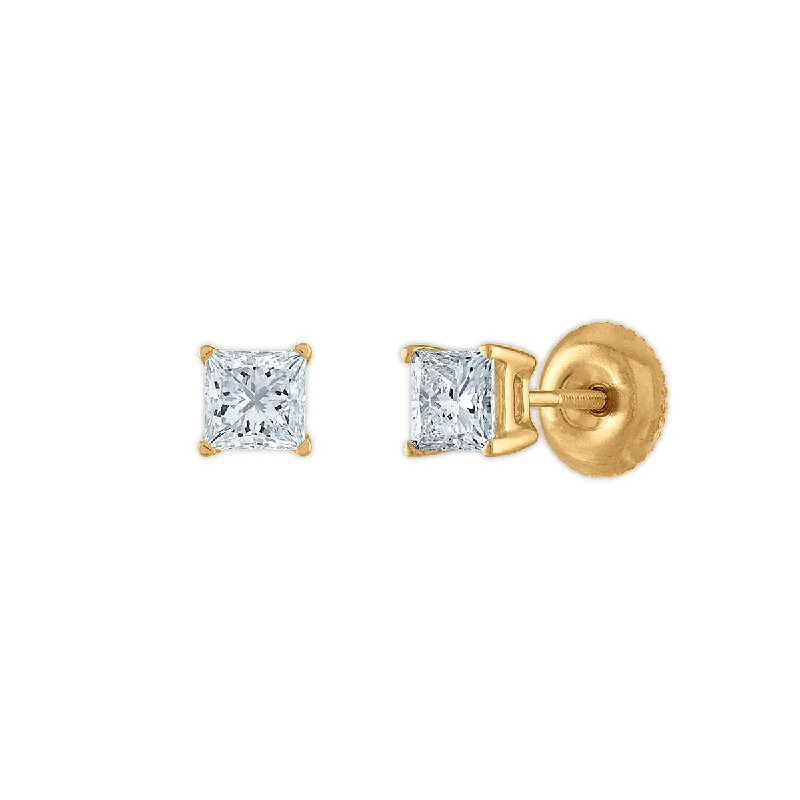 women luxury gold earrings -Signature Certificate EcoLove 3/4 CTW Princess Cut Lab Grown Diamond Solitaire Stud Earrings in 14KT Yellow Gold