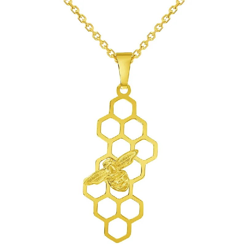 women luxurious necklaces -14k Yellow Gold Honey Bee On Honeycomb Pendant With Cable, Curb or Figaro Chain Necklace