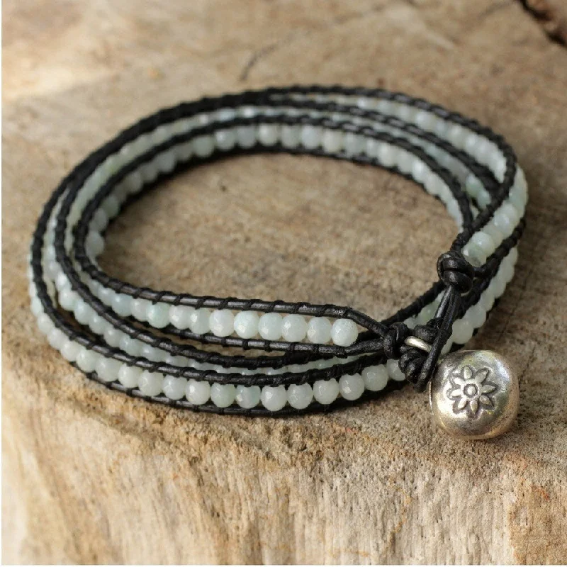 Handmade Silver 'Love's Innocence' Amazonite Leather Bracelet (Thailand)