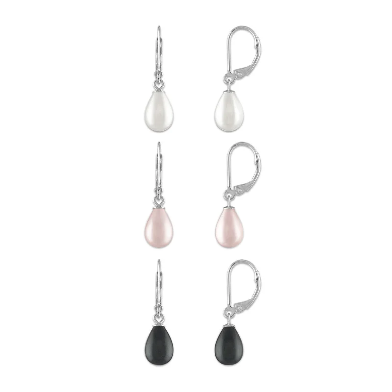 women long drop earrings -7MM Shell Pearl 3-Pair Earrings in Sterling Silver