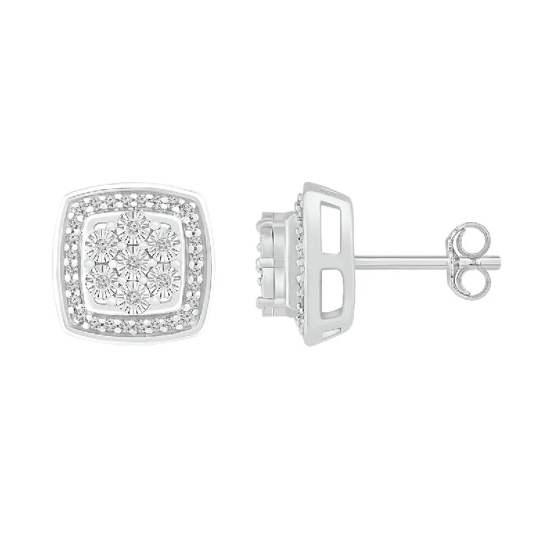 women glamorous earrings -1/6 CTW Diamond Cluster Stud Cushion Shaped Earrings in Sterling Silver