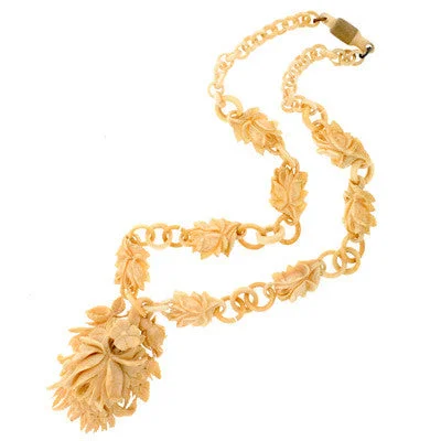 women gold necklaces -Victorian Hand Carved Bone Flower Locket & Chain