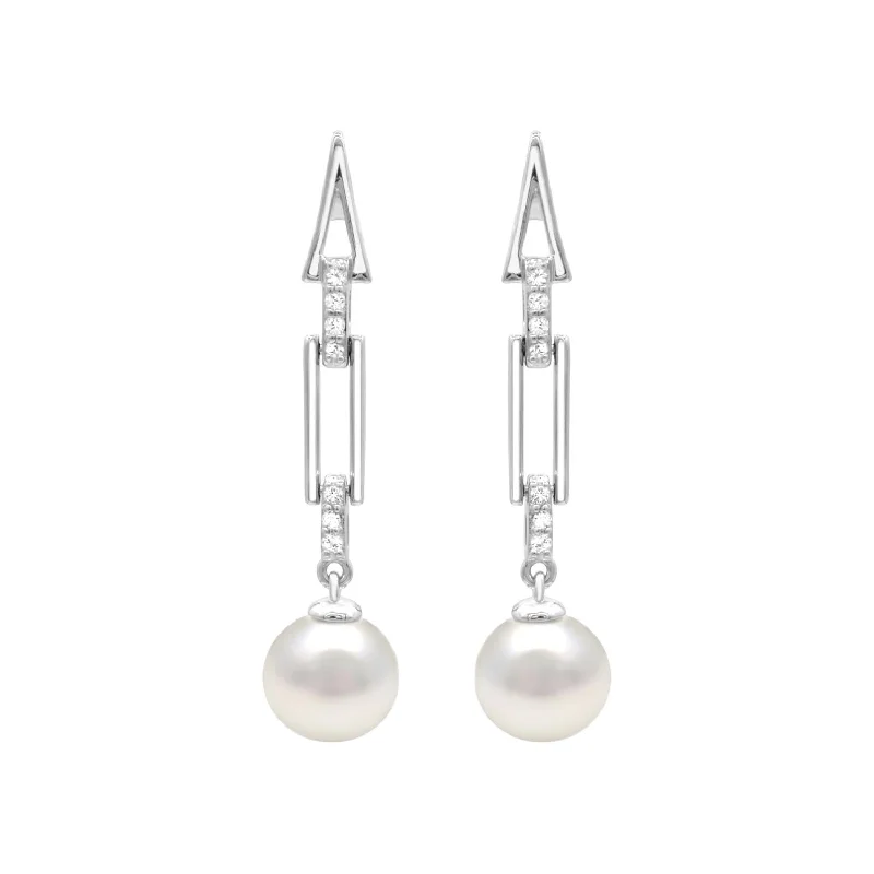 women long drop earrings -8.5X9MM Round Pearl and White Sapphire Drop & Dangle Earrings in Sterling Silver