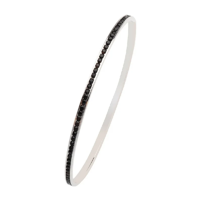 Curata 925 Sterling Silver 7" Rhodium Plated Black Crystal Slip On Bangle Bracelet