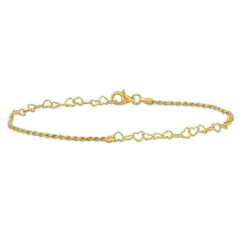 Miadora 3.3mm Heart Link and Rope Chain Bracelet in Yellow Plated Sterling Silver-7.5 in+1 ext