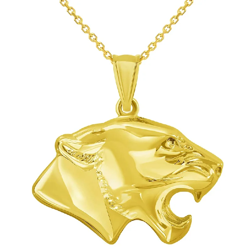 women simple gold necklaces -14k Yellow Gold 3D Jaguar Head Animal Pendant With Cable, Curb or Figaro Chain Necklace