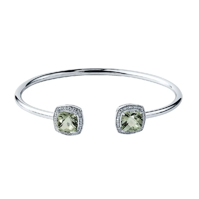 Stackable 3 3/4ct Green Cushion Amethyst Open Bangle Bracelet with Diamond Accents by Auriya in Gold over Silver