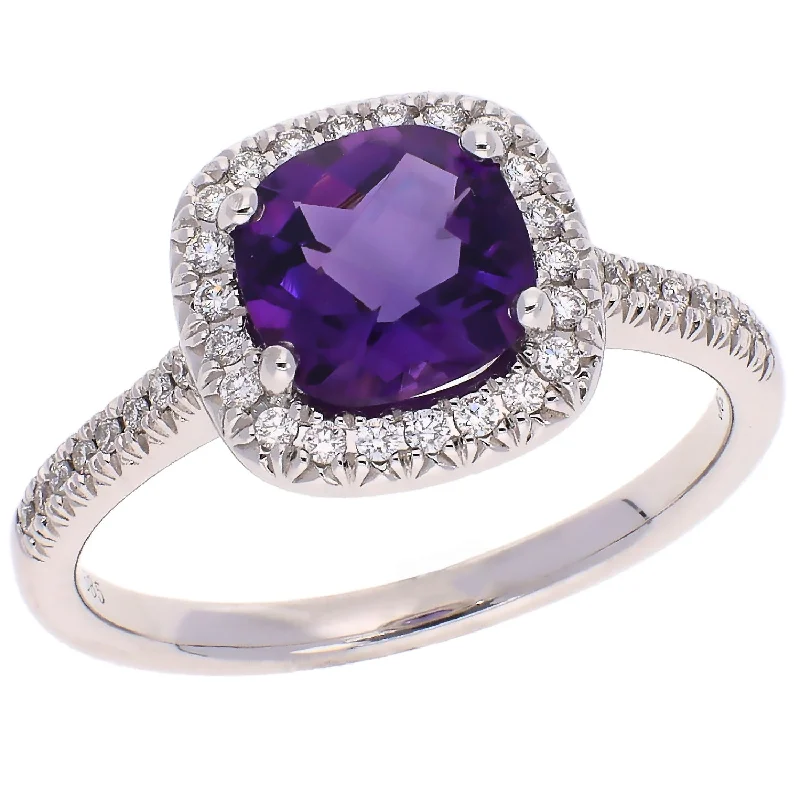 women personalized bracelets -14K White Gold Cushion Cut Amethyst with Diamond Halo Fashion Ring