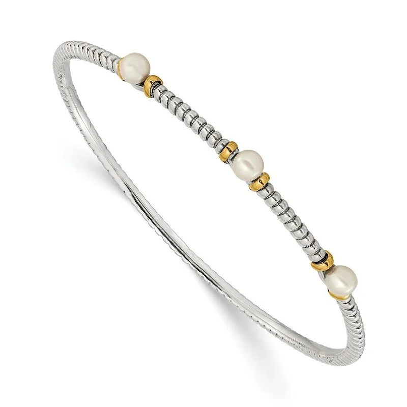 Curata Sterling Silver 14k Gold Accent 5mm Freshwater Pearl Station Slip on Bangle Bracelet