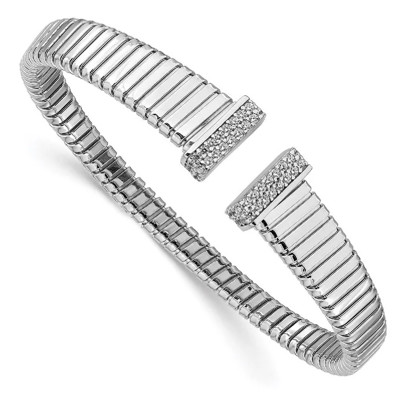 Curata 925 Sterling Silver Rhodium 9.75mm Cubic Zirconia Ribbed Cuff Bangle Bracelet